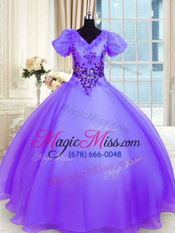 wholesale lavender lace up sweet 16 dress appliques short sleeves floor length