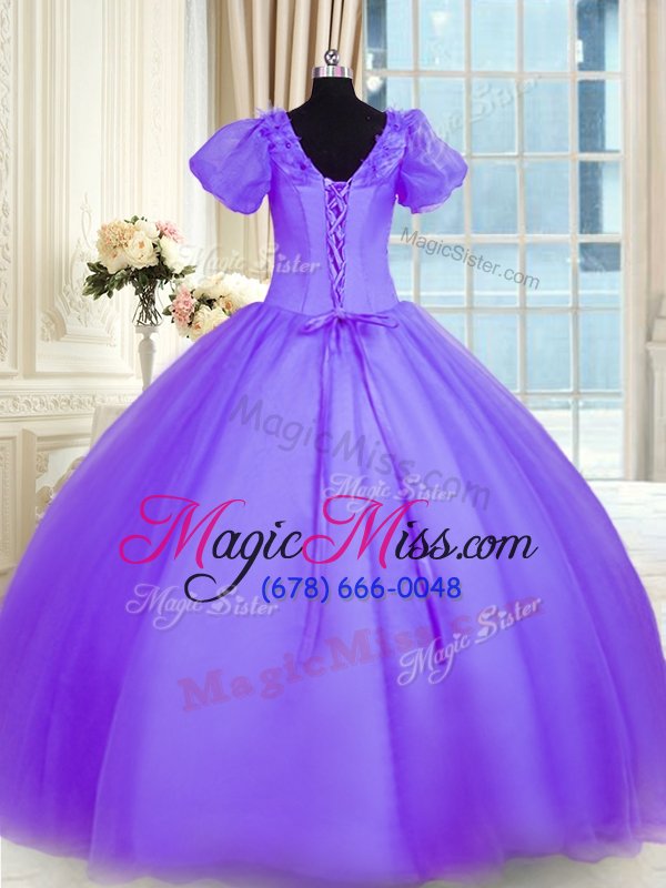 wholesale lavender lace up sweet 16 dress appliques short sleeves floor length