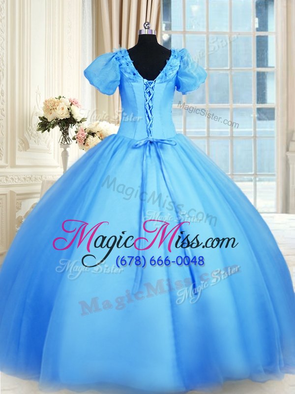 wholesale spectacular baby blue short sleeves appliques floor length quince ball gowns