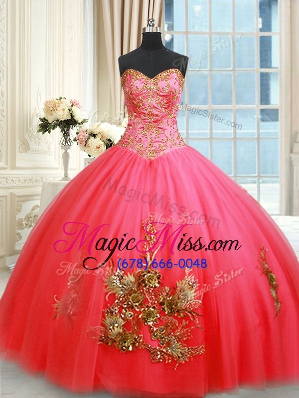 wholesale best selling floor length lace up vestidos de quinceanera coral red and in for military ball and sweet 16 with beading and appliques and embroidery