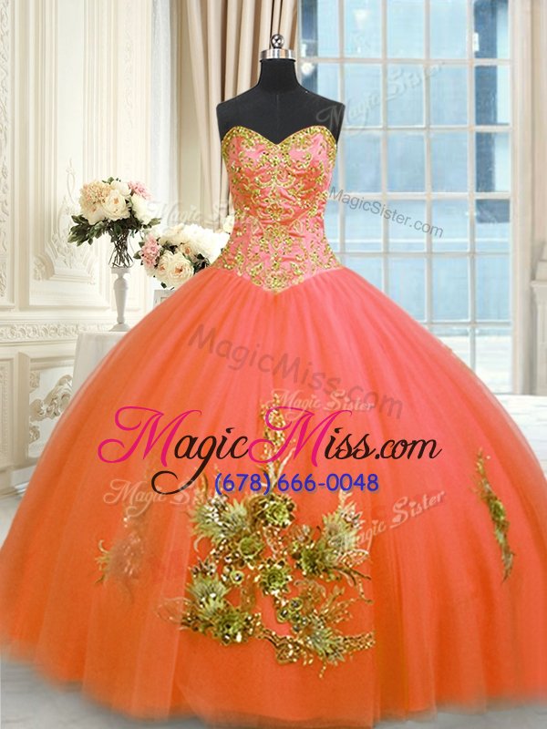 wholesale best selling sleeveless floor length beading and appliques and embroidery lace up sweet 16 dress with orange