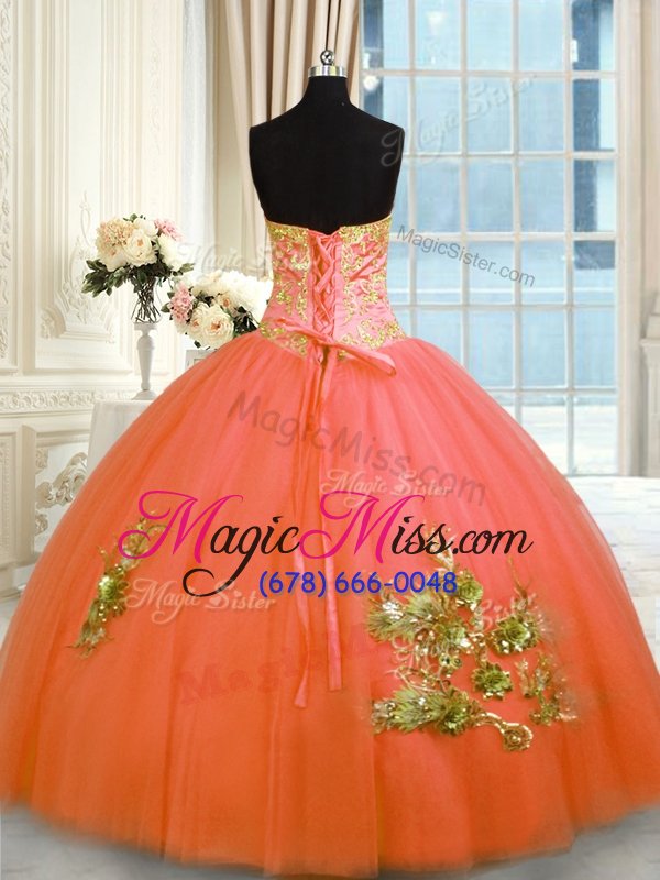 wholesale best selling sleeveless floor length beading and appliques and embroidery lace up sweet 16 dress with orange