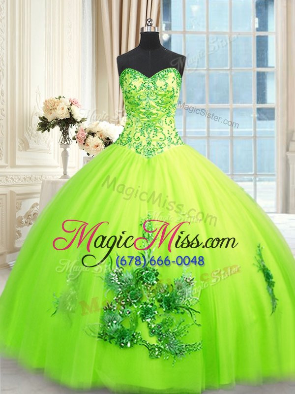 wholesale fancy yellow green lace up 15 quinceanera dress beading and appliques and embroidery sleeveless floor length