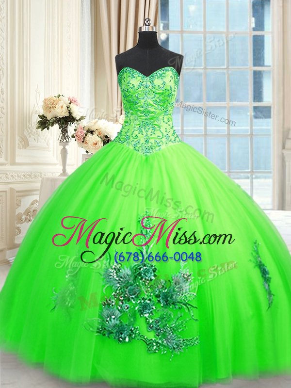 wholesale fashionable ball gowns tulle sweetheart sleeveless appliques floor length lace up quinceanera dresses