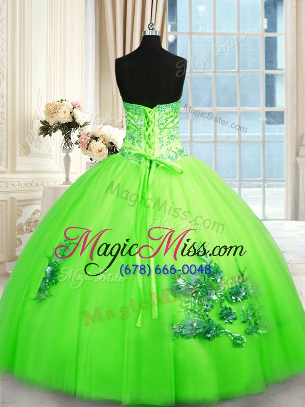 wholesale fashionable ball gowns tulle sweetheart sleeveless appliques floor length lace up quinceanera dresses