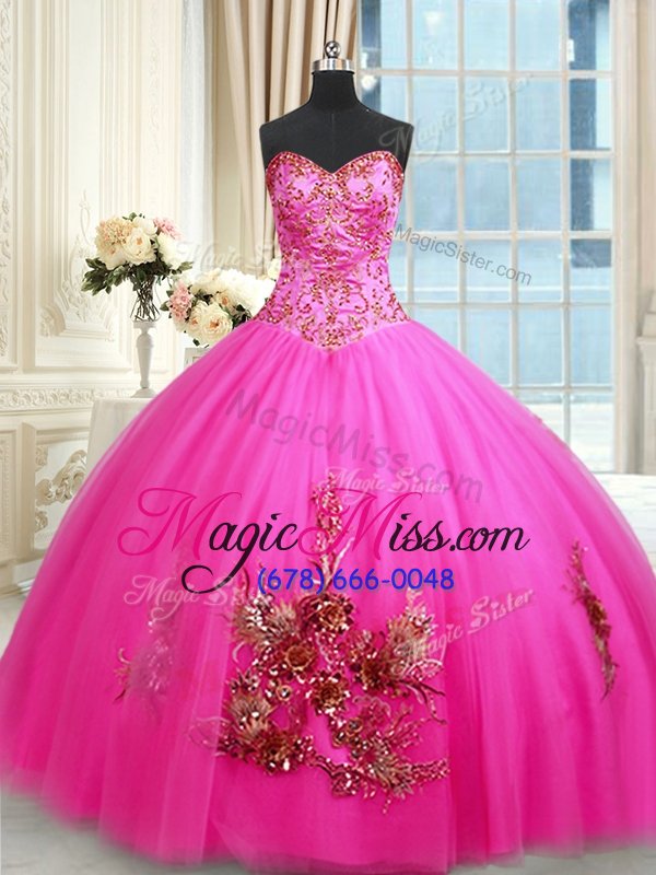 wholesale nice sweetheart sleeveless vestidos de quinceanera floor length beading and appliques and embroidery hot pink tulle