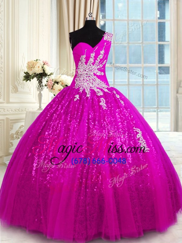 wholesale latest one shoulder fuchsia lace lace up sweet 16 dresses sleeveless floor length appliques