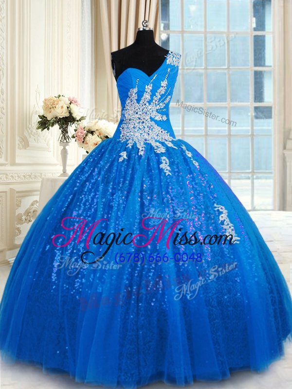 wholesale fantastic one shoulder sleeveless lace up quinceanera dress blue tulle and sequined