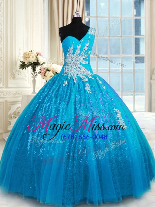 wholesale artistic one shoulder sleeveless floor length appliques lace up 15 quinceanera dress with baby blue