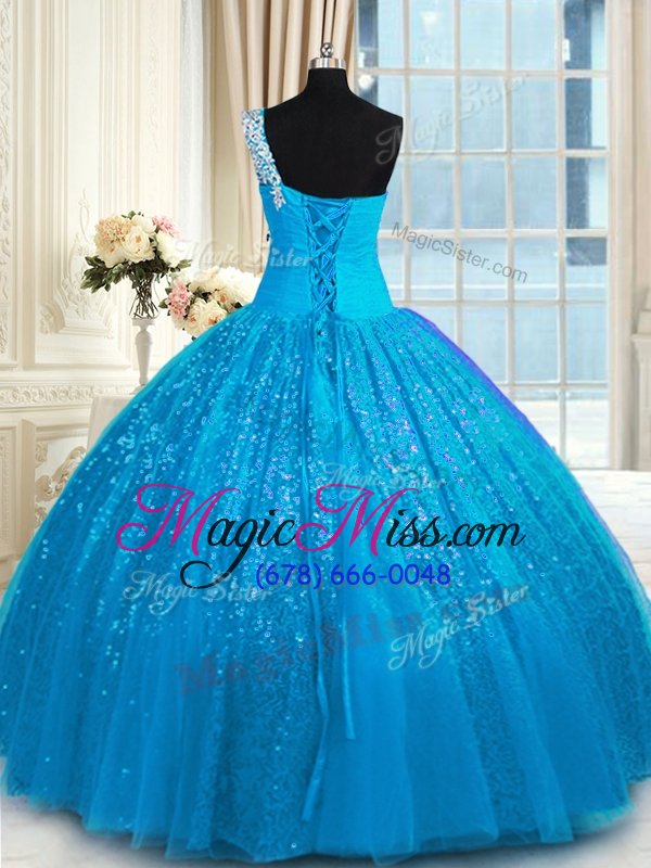 wholesale artistic one shoulder sleeveless floor length appliques lace up 15 quinceanera dress with baby blue