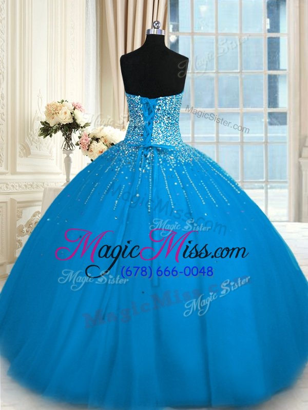 wholesale hot sale sleeveless tulle floor length lace up quinceanera dress in teal for with beading and ruffles