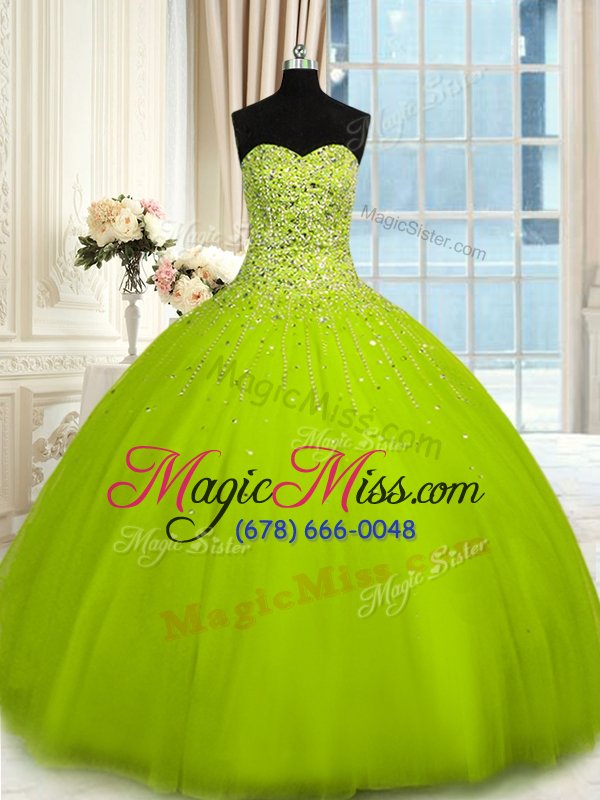 wholesale new style olive green tulle lace up 15 quinceanera dress sleeveless floor length beading