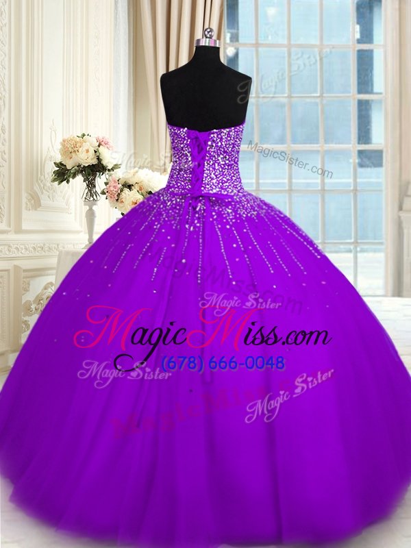 wholesale flirting purple sleeveless floor length beading lace up 15th birthday dress