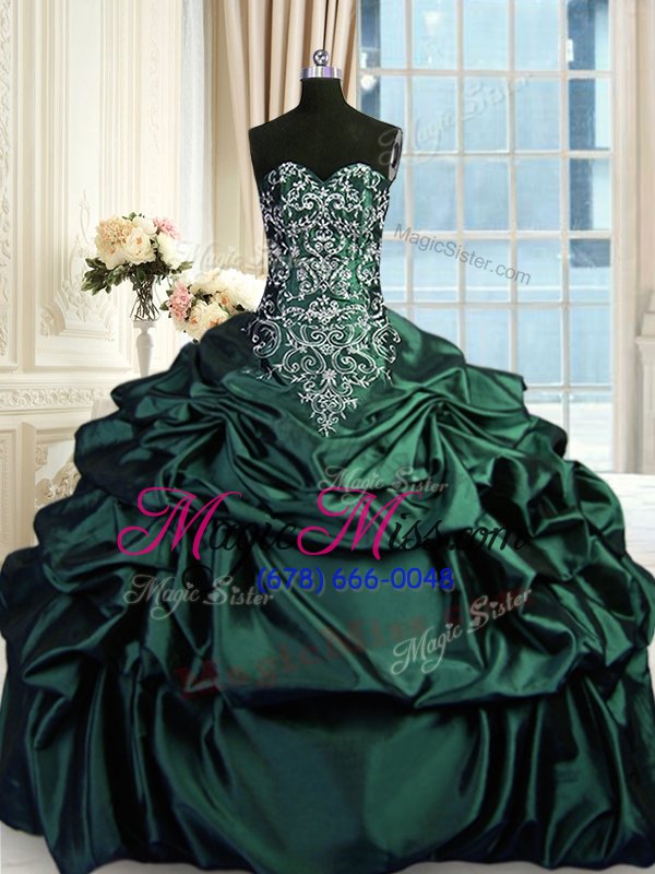 wholesale super dark green sleeveless floor length beading and embroidery and pick ups zipper vestidos de quinceanera