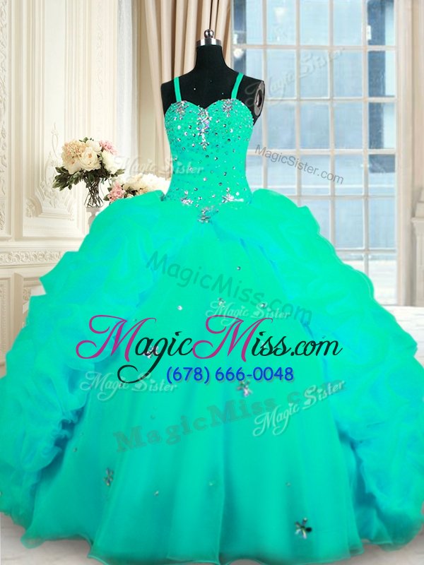 wholesale on sale turquoise ball gowns organza spaghetti straps sleeveless beading and ruffles with train lace up 15 quinceanera dress sweep train
