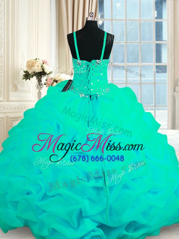 wholesale on sale turquoise ball gowns organza spaghetti straps sleeveless beading and ruffles with train lace up 15 quinceanera dress sweep train