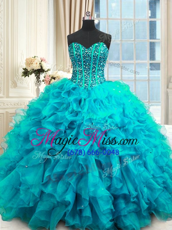 wholesale sumptuous baby blue organza lace up sweet 16 dresses sleeveless floor length beading and ruffles and sequins