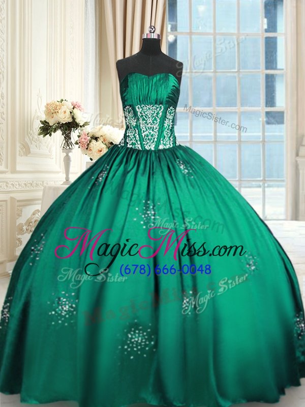wholesale traditional teal ball gowns taffeta strapless sleeveless beading and appliques and ruching floor length lace up quinceanera dresses