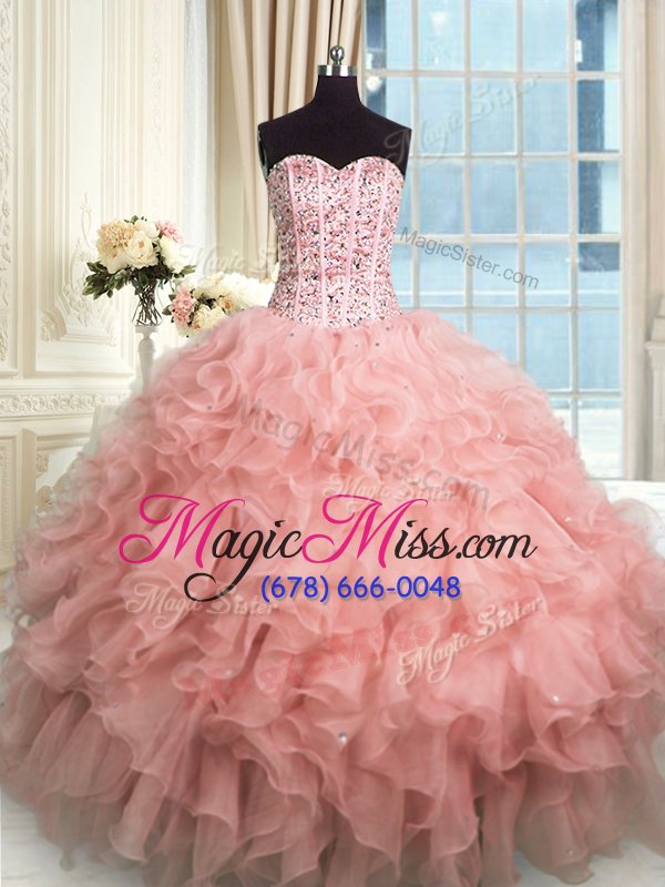 wholesale simple floor length rose pink vestidos de quinceanera organza sleeveless beading and ruffles