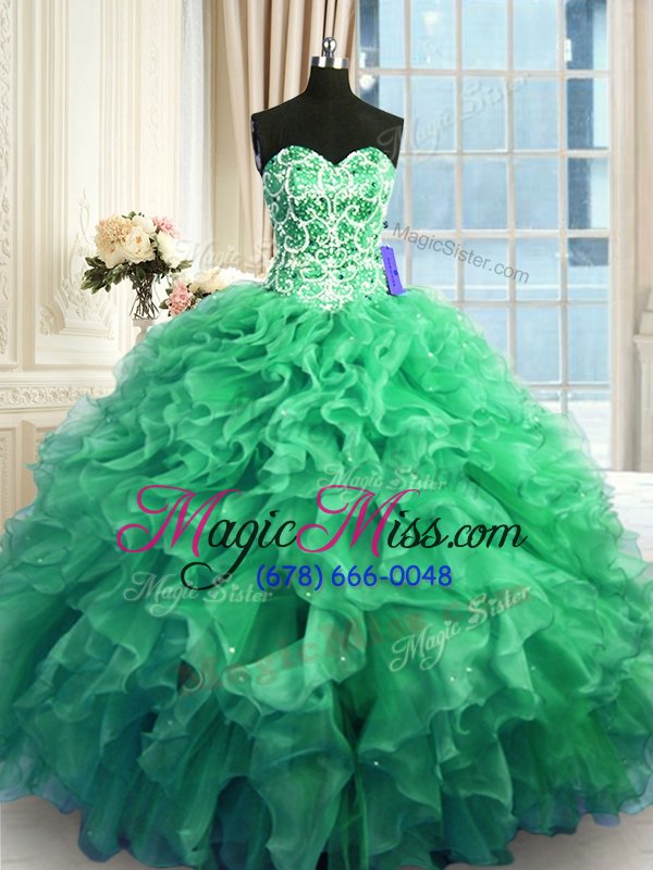 wholesale top selling floor length turquoise quinceanera gowns organza sleeveless beading and ruffles