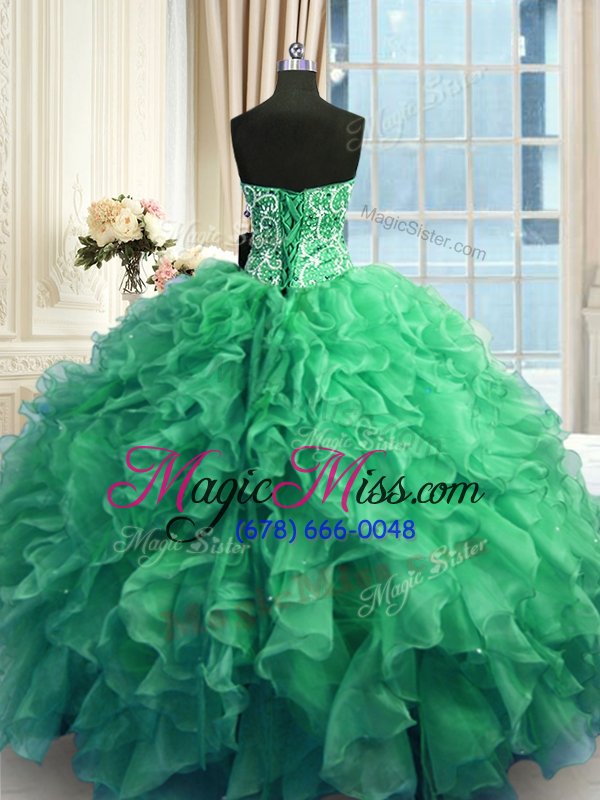wholesale top selling floor length turquoise quinceanera gowns organza sleeveless beading and ruffles