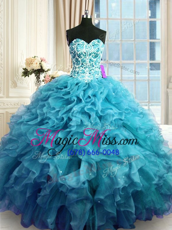 wholesale chic teal sleeveless floor length beading and ruffles lace up 15th birthday dress