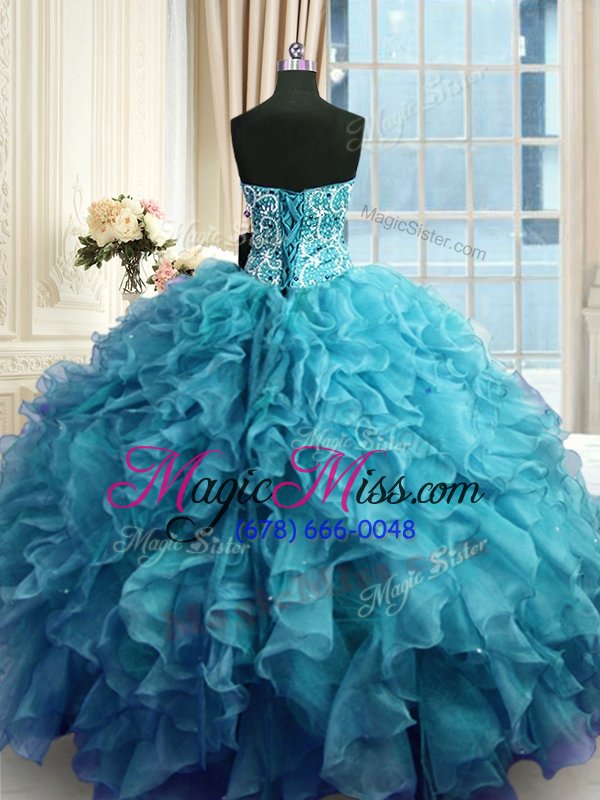 wholesale chic teal sleeveless floor length beading and ruffles lace up 15th birthday dress
