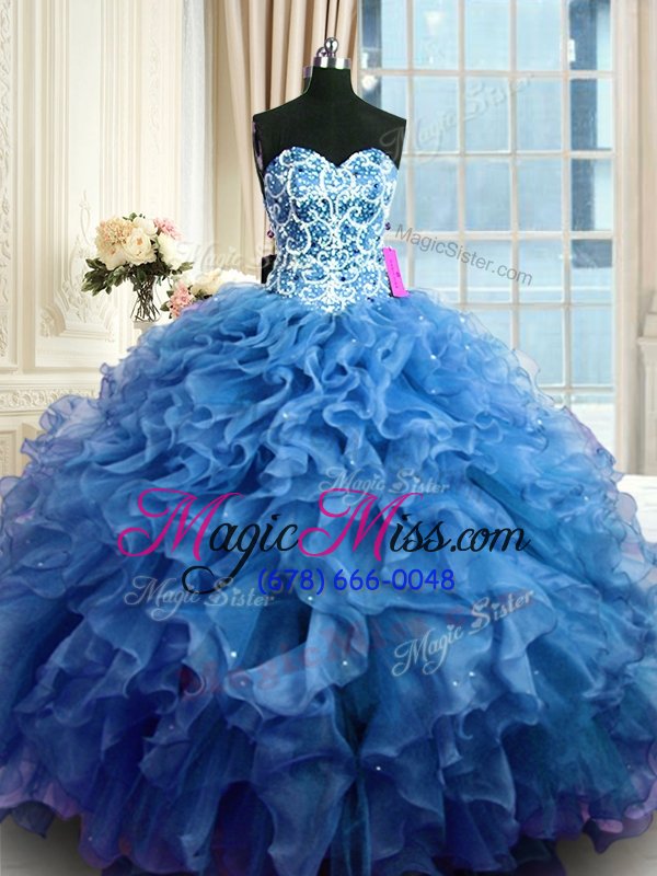 wholesale sleeveless floor length beading and ruffles lace up quinceanera dress with blue