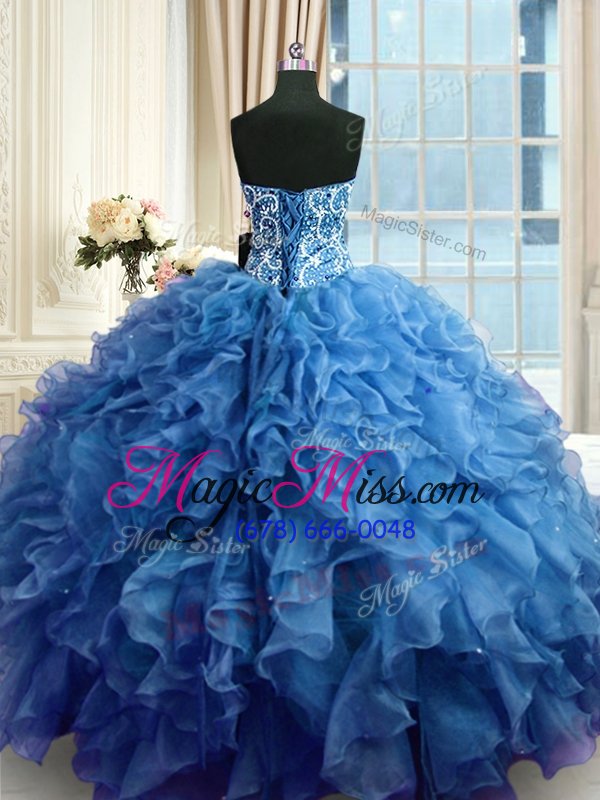 wholesale sleeveless floor length beading and ruffles lace up quinceanera dress with blue