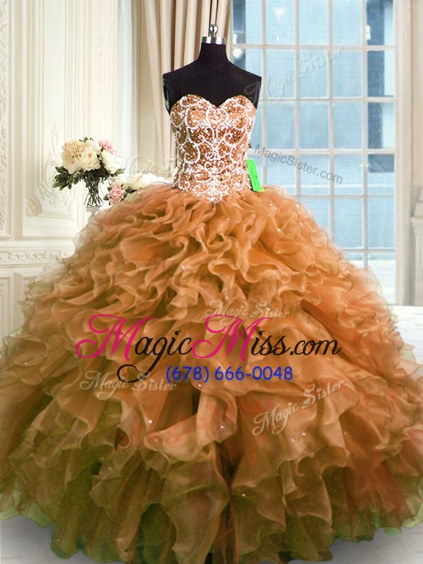 wholesale best selling brown sweetheart lace up beading and ruffles sweet 16 dresses sleeveless