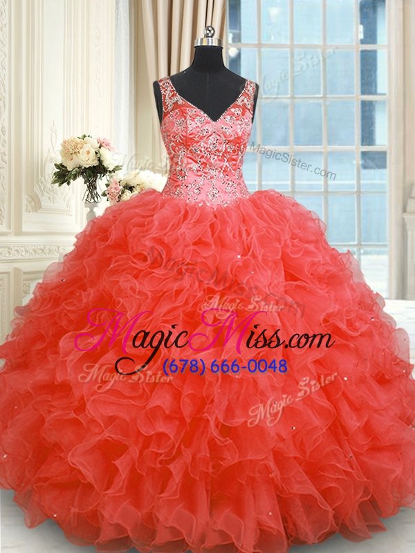 wholesale customized floor length coral red quinceanera gown organza sleeveless beading and ruffles