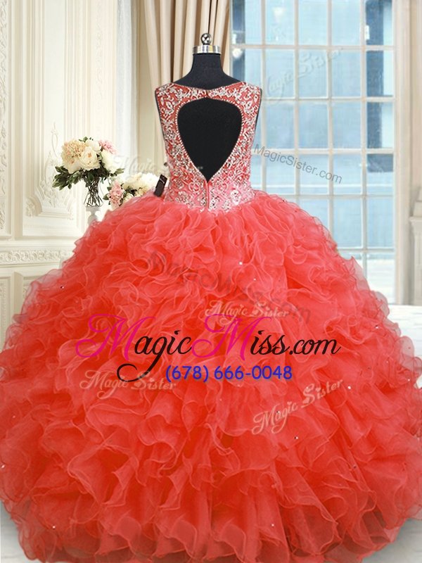 wholesale customized floor length coral red quinceanera gown organza sleeveless beading and ruffles