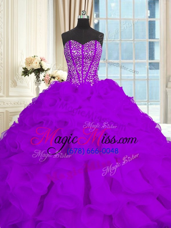 wholesale exceptional eggplant purple sweetheart lace up beading and ruffles quinceanera dresses brush train sleeveless