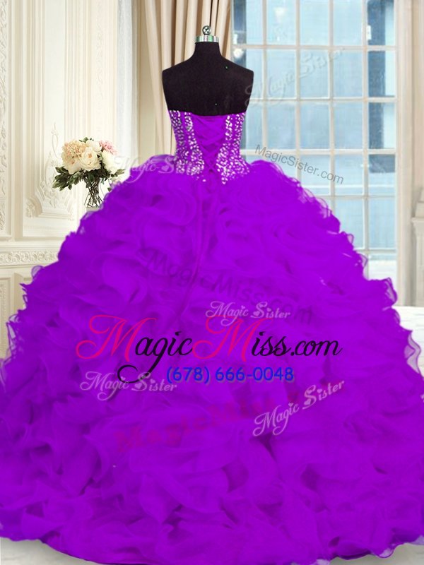 wholesale exceptional eggplant purple sweetheart lace up beading and ruffles quinceanera dresses brush train sleeveless