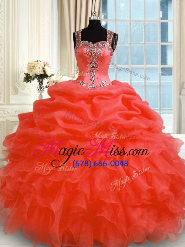 wholesale fantastic organza straps sleeveless zipper beading and ruffles sweet 16 dresses in orange red