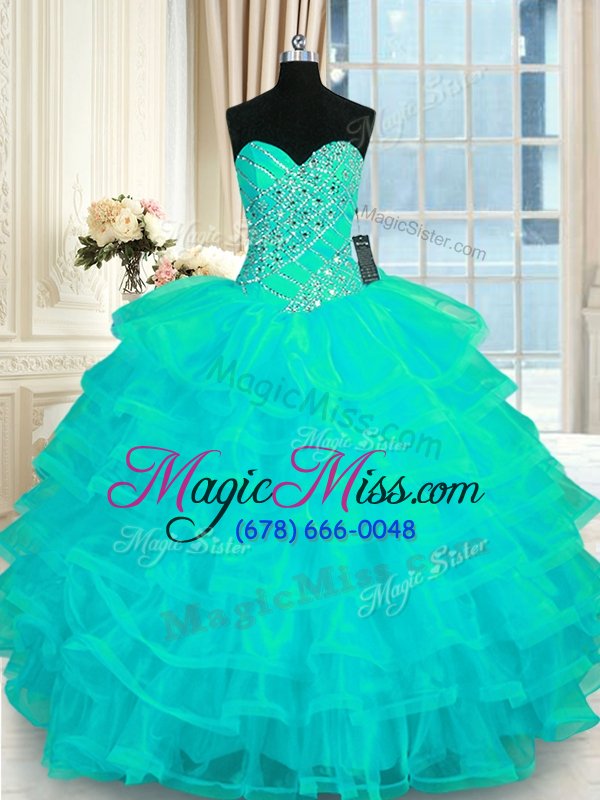 wholesale glamorous turquoise sleeveless floor length beading and ruffled layers lace up sweet 16 quinceanera dress