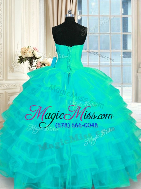 wholesale glamorous turquoise sleeveless floor length beading and ruffled layers lace up sweet 16 quinceanera dress