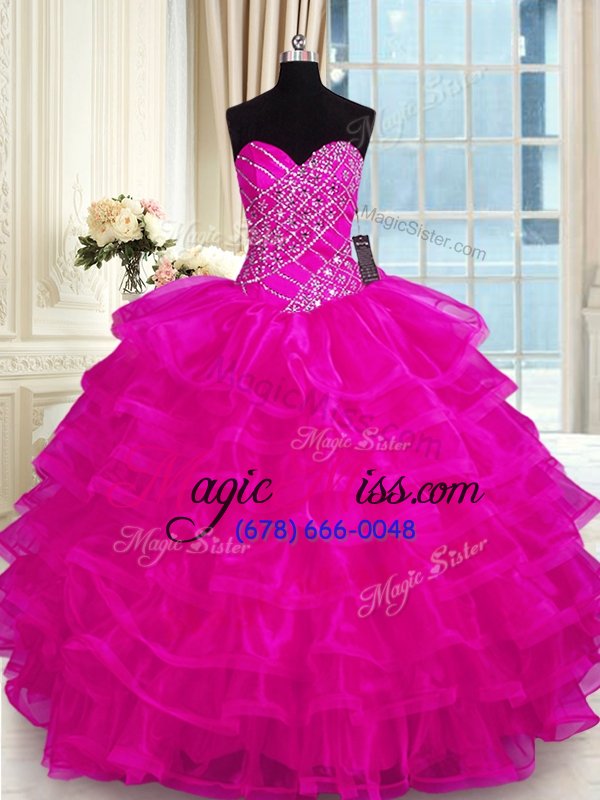 wholesale pretty ruffled fuchsia sleeveless organza lace up vestidos de quinceanera for military ball and sweet 16 and quinceanera