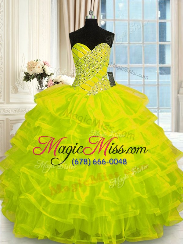 wholesale luxurious yellow green lace up ball gown prom dress beading and ruffled layers sleeveless floor length