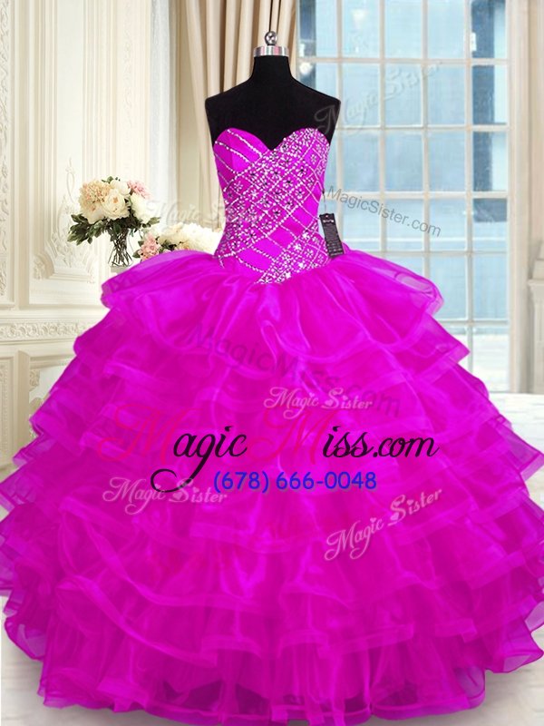 wholesale ruffled ball gowns quinceanera gowns fuchsia sweetheart organza sleeveless floor length lace up