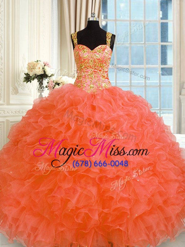 wholesale customized orange ball gowns organza straps sleeveless embroidery and ruffles floor length lace up quinceanera dresses