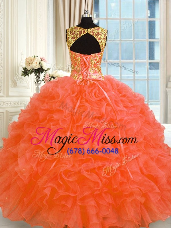 wholesale customized orange ball gowns organza straps sleeveless embroidery and ruffles floor length lace up quinceanera dresses