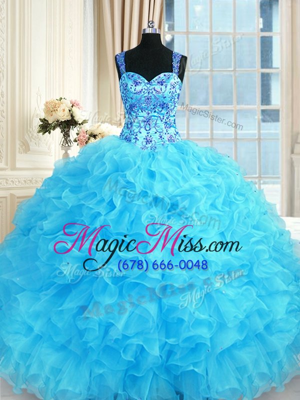 wholesale sexy baby blue organza lace up quince ball gowns sleeveless floor length embroidery and ruffles