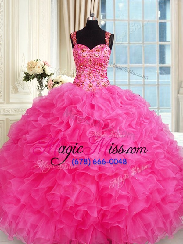 wholesale flare hot pink lace up 15 quinceanera dress embroidery and ruffles sleeveless floor length