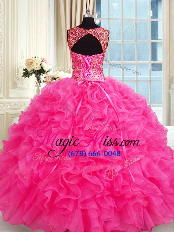 wholesale flare hot pink lace up 15 quinceanera dress embroidery and ruffles sleeveless floor length