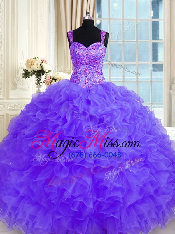 wholesale latest organza straps long sleeves lace up beading and embroidery and ruffles sweet 16 quinceanera dress in purple