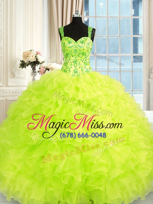 wholesale elegant yellow green ball gowns straps sleeveless organza floor length lace up beading and embroidery and ruffles 15th birthday dress