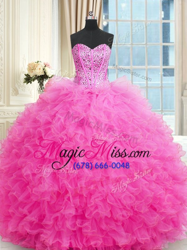 wholesale superior sweetheart sleeveless quinceanera gown floor length beading and ruffles hot pink tulle
