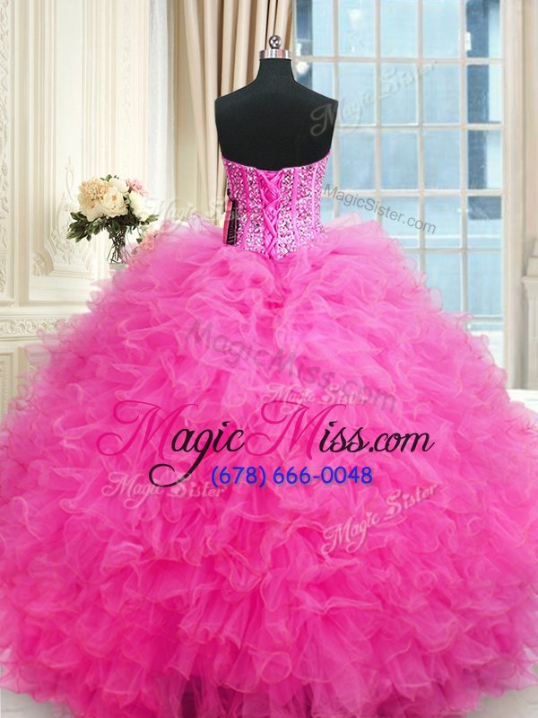 wholesale superior sweetheart sleeveless quinceanera gown floor length beading and ruffles hot pink tulle