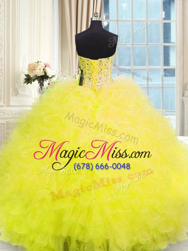 wholesale three piece yellow tulle lace up quinceanera gown sleeveless floor length beading and ruffles